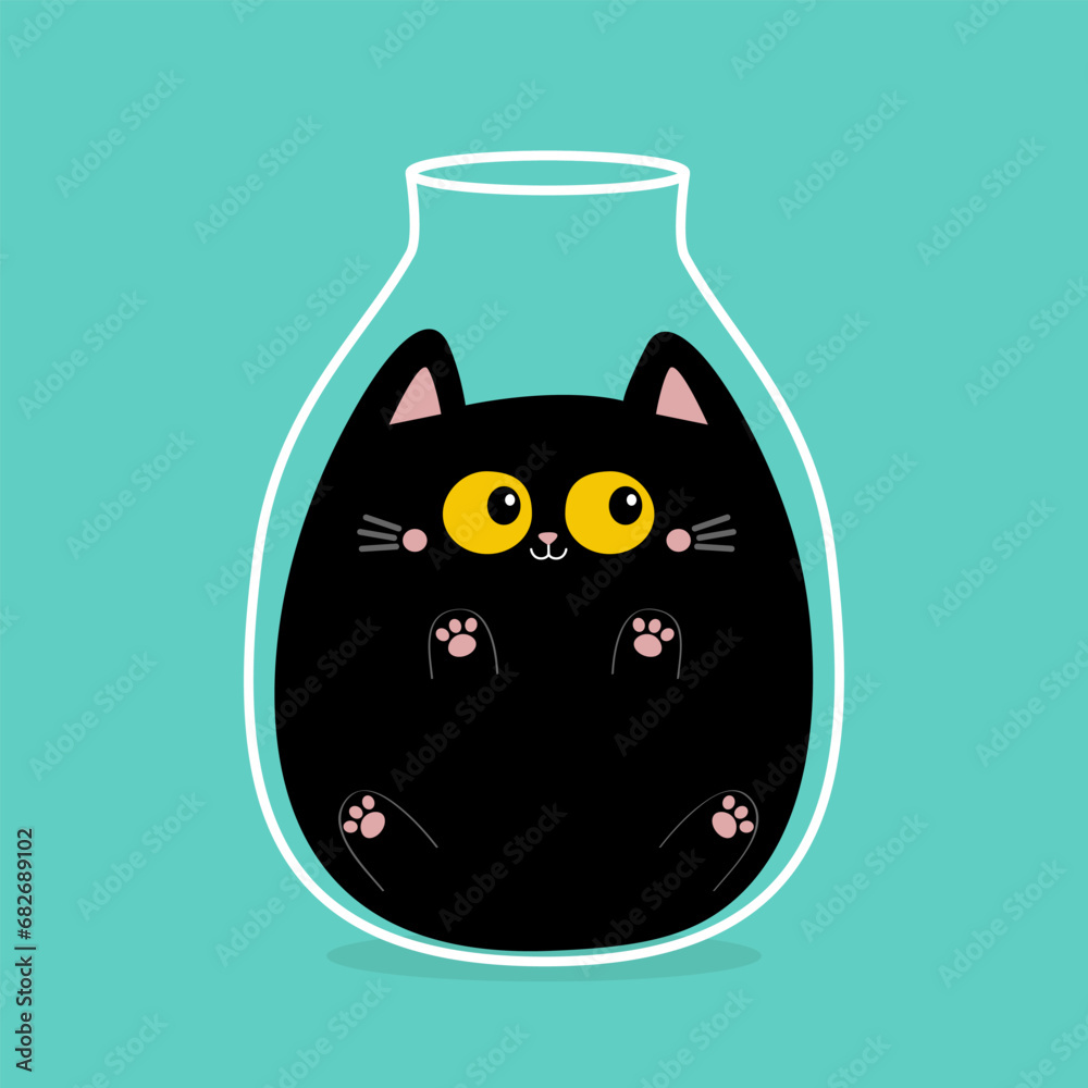 Wall mural Black cat in a vase. Cute cartoon kawaii baby character. Glass jar. Funny fat kitten. Big eyes, moustaches. Pink paw print. Big eyes. Happy Valentines Day. Flat design. Green background. Isolated.