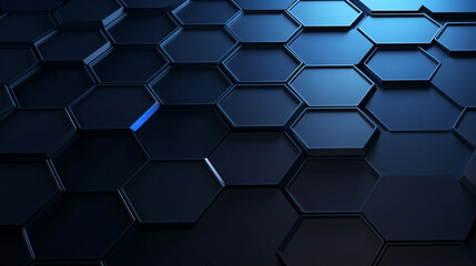 Abstract 3d rendering of hexagons background. Dark blue hexagons with glowing lights. Reflective surface.