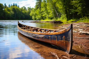 Tranquil scene with a wooden birch bark canoe on a calm lake shore, surrounded by fall foliage.