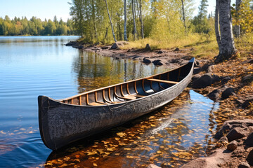 Obraz premium Tranquil autumn scene with a wooden birch bark canoe on a calm lake shore, surrounded by fall foliage.