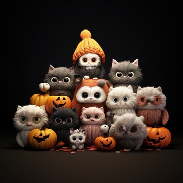 Cute halloween themed animals on a knitted