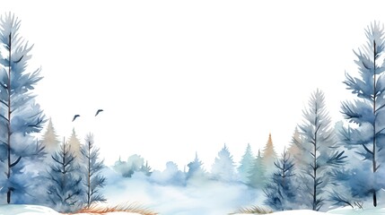Winter Watercolor Landscape with Trees and Birds