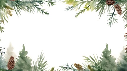 Fototapeta premium Watercolor Winter Frame Border with Pine Trees and Ornamentals