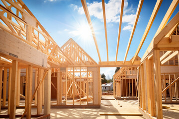 A view of a wooden frame construction of a new residential house real estate in a worksite on a cloud and clear sky shot in backlit way. Generative AI. - obrazy, fototapety, plakaty