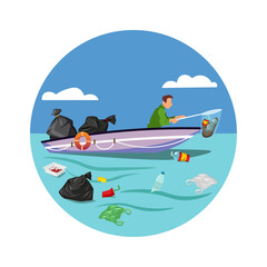 Ocean plastic pollution. A man on a boat removes plastic from the ocean. Vector