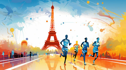 Paris olympics games France 2024 ceremony running sports Eiffel tower torch artwork painting commencement - Powered by Adobe