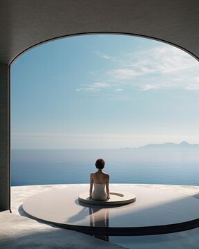 Woman Sitting At A Pool Looking Out Over The Ocean - Shoot From The Back - Travel Concept