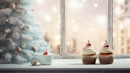 Christmas cupcakes on table with bokeh background for Christmas and New Year.