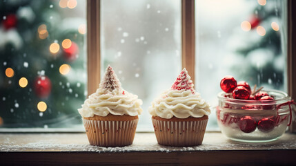 Christmas cupcakes on table with bokeh background for Christmas and New Year.