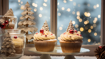 Christmas cupcakes on table with bokeh background for Christmas and New Year.