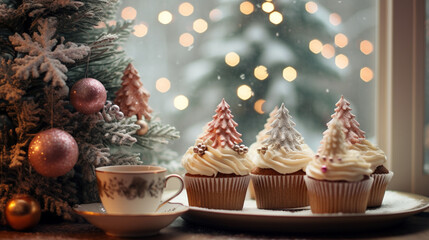 Christmas cupcakes on table with bokeh background for Christmas and New Year.