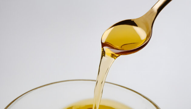 Beautiful golden yellow cooking oil or honey is poured into the picture from above against a white background