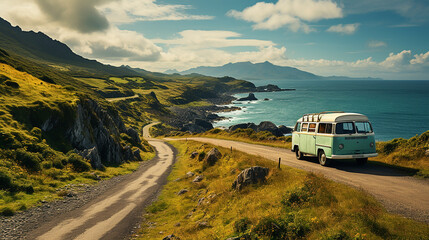 Tourist white bus on mountain road. Ring of Kerry, Ireland. Travel destination
