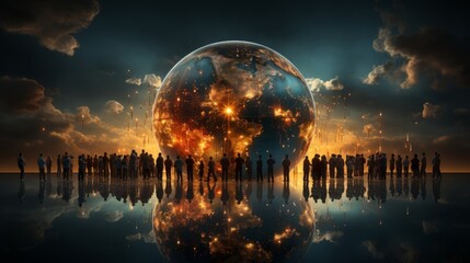 3D model of the Earth with human silhouettes - obrazy, fototapety, plakaty