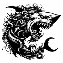 Fototapeta premium Unusal Angry Shark black and white vector illustration