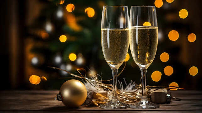 champagne glasses and christmas decorations