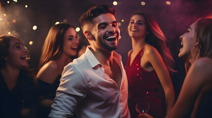 Cheerful young guy and beautiful girls are dancing in a night club at a party. Fun and entertainment concept - obrazy, fototapety, plakaty