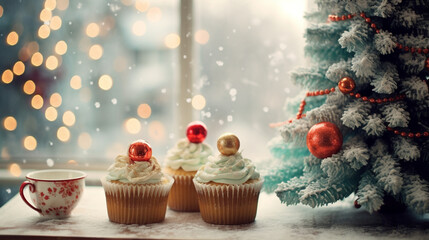 Christmas cupcakes on table with bokeh background for Christmas and New Year.