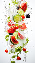 fresh fruits in water splash, Fruit and vegetable fragments fall into the water