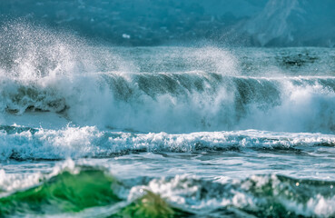 Pacific Ocean waves crashing on an autumn day, in San Francisco Bay, cloudy weather, dramatic landscape