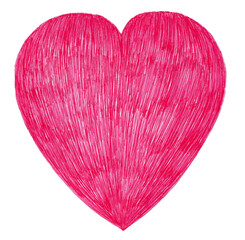 Pink heart isolated on white background. Unevenly filled with strokes. Thin, superimposed strokes form a texture, have white gaps. Symbol of love, romance, Valentine's Day, wedding and other cards.