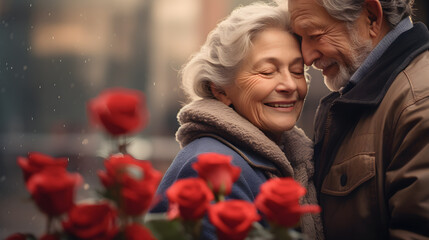 Valentine's Day. Happy elderly couple hugging on the background of red roses - obrazy, fototapety, plakaty