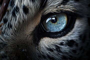 Closeup on snow leopard eye, half face with ultra sharp eye details