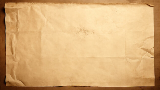 Old brown paper sheet texture, Aged and worn paper with creases, stains, and smudges, The top view with space, can be used as background or texture with sample text