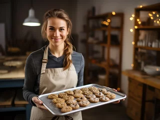 Foto op Plexiglas A woman smiling hold cookies tray fresh baked in bakery shop © YasumiHouse
