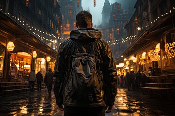Obraz premium tourist with backpack in the city rear view.
