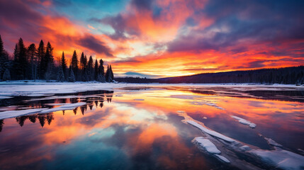 Obraz premium frozen lake reflecting a colorful winter sunset, AI Generative.