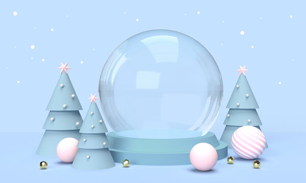 3D blue christmas background with  christmas trees and a snowball.