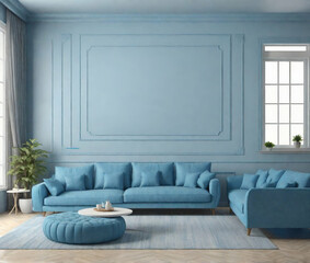 Interior of living room with blue sofa 3d rendering. Generative AI