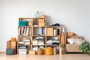 Modern minimalist wooden shelving unit with neatly organized clothes and accessories, cardboard boxes, and a plant, against a white wall.