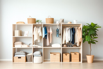 Organized wooden shelves with towels, plants, and various neatly arranged storage containers in a minimalist style.