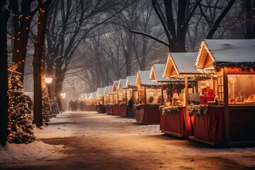 Vibrant Christmas Market with Festive Atmosphere and Captivating Blurred Bokeh Lights
