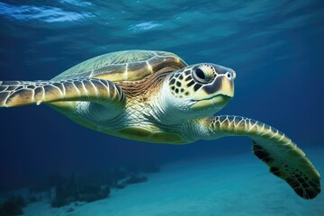 Fototapeta premium Hawaiian Green Sea Turtle gracefully swimming in the clear blue ocean. Capturing the rich beauty of nature in the transparent waters.Generative AI