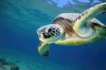 Obraz premium Hawaiian Green Sea Turtle gracefully swimming in the clear blue ocean. Capturing the rich beauty of nature in the transparent waters.Generative AI
