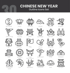 Chinese New Year Icons Bundle. Thin outline icon style. Vector illustration