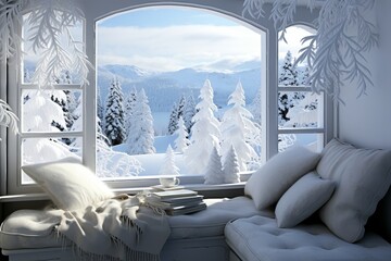 Stunning Panoramic View of Snow-Clad Mountains from the Room Window - Winter Wonderland Scene