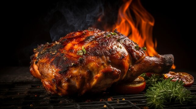 an image of a sizzling barbecue turkey leg with a crispy skin