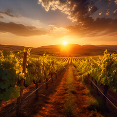Fototapeta premium The warm glow of the sun setting over the vineyards