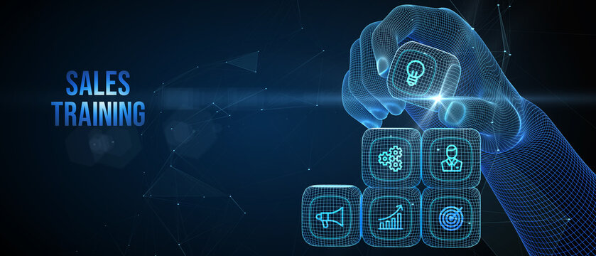Sales training, Business development and marketing concept on virtual screen. 3d illustration