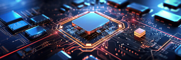 closeup of an advanced GPU ram microchip or cpu of a powerful computer board for artificial intelligence technology as wide banner design with copy space area futuristic background mockup