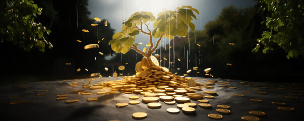 tree growing of accumulating wealth coin money investment overtime and building retirement or capital assets portfolio , success in business and startups or income of trading and dividend stock market - obrazy, fototapety, plakaty