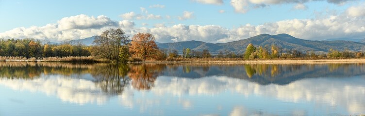 Flooded meadow after heavy rains. Autumn landscape. Panoramic, panorama.