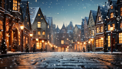 Glistening cobblestone street of a festive old town as snow gently falls in the evening