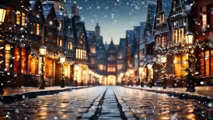 Fototapeta na wymiar Enchanted snowy evening on a vintage street adorned with holiday lights