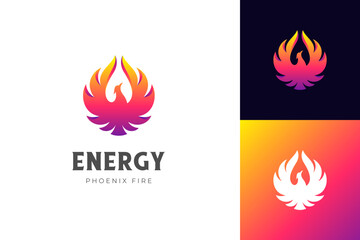 awesome flying phoenix gradient logo vector illustration with silhouette version. phoenix fire logo symbol