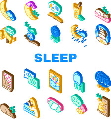 sleep bed pillow dream night icons set vector. healthy relax, bedroom rest, young person, room lifestyle, happy, home, female lying sleep bed pillow dream night isometric sign illustrations